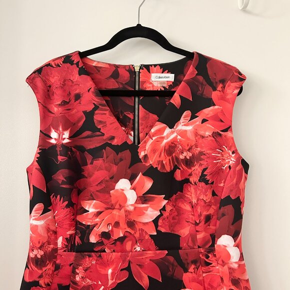 Calvin Klein Women's Red Black Floral Sheath Scuba Dress Size 16 - Picture 3 of 9
